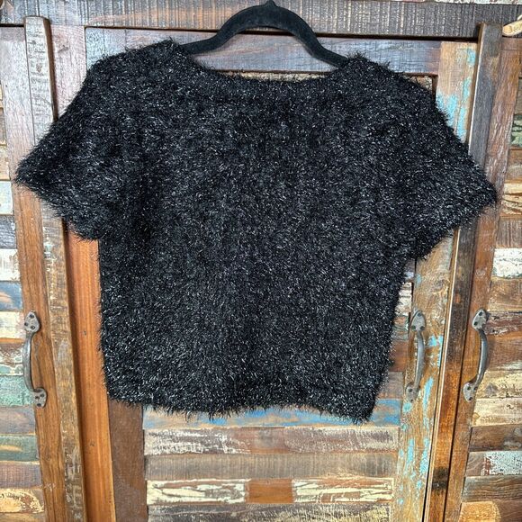 American Apparel Black Fuzzy Short Sleeve Crop‎ Top Side Medium - Picture 4 of 9